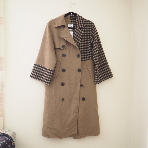 Nwt Quaint Josephine Double Breasted Khaki Patchwork Check Coat sz xs - Picture 4 of 10